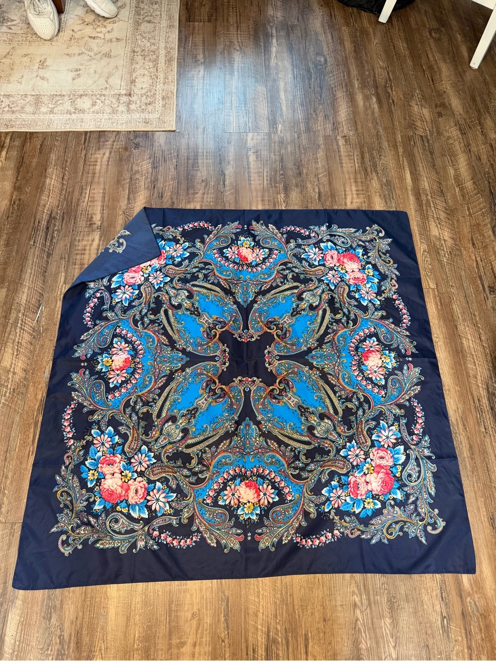 Corciova 40” x 40” Silk Scarf Floral Paisley Decorative Throw - Navy Blue